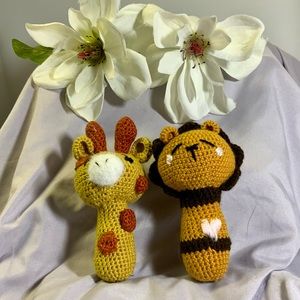 Brand New Handmade Giraffe and Lion  Rattles complete a perfect baby gift.